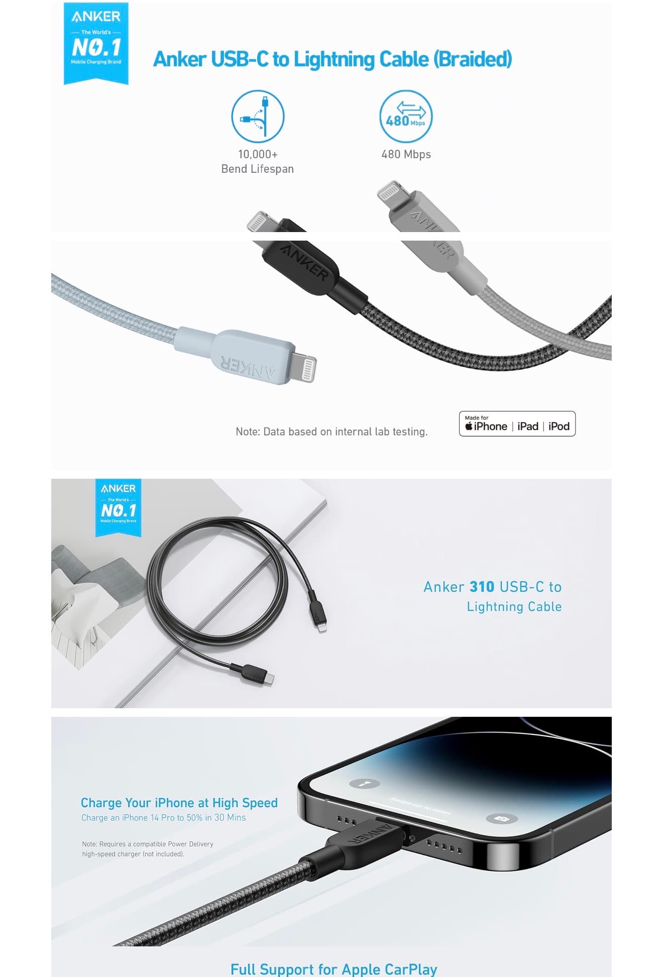 🔌 Câble Anker C to Lightning – 1.8M-2