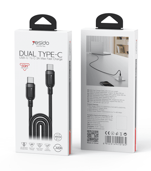 � كابل YESIDO CA194 Type-C إلى Type-C — 3 متر / 60W-2